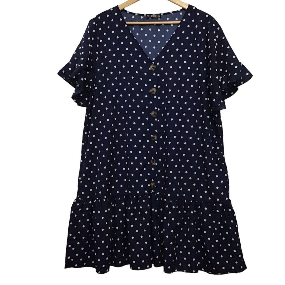 Shein 2XL Polka Dots Dress Navy Blue Plus Size lightweight woven button up v nec